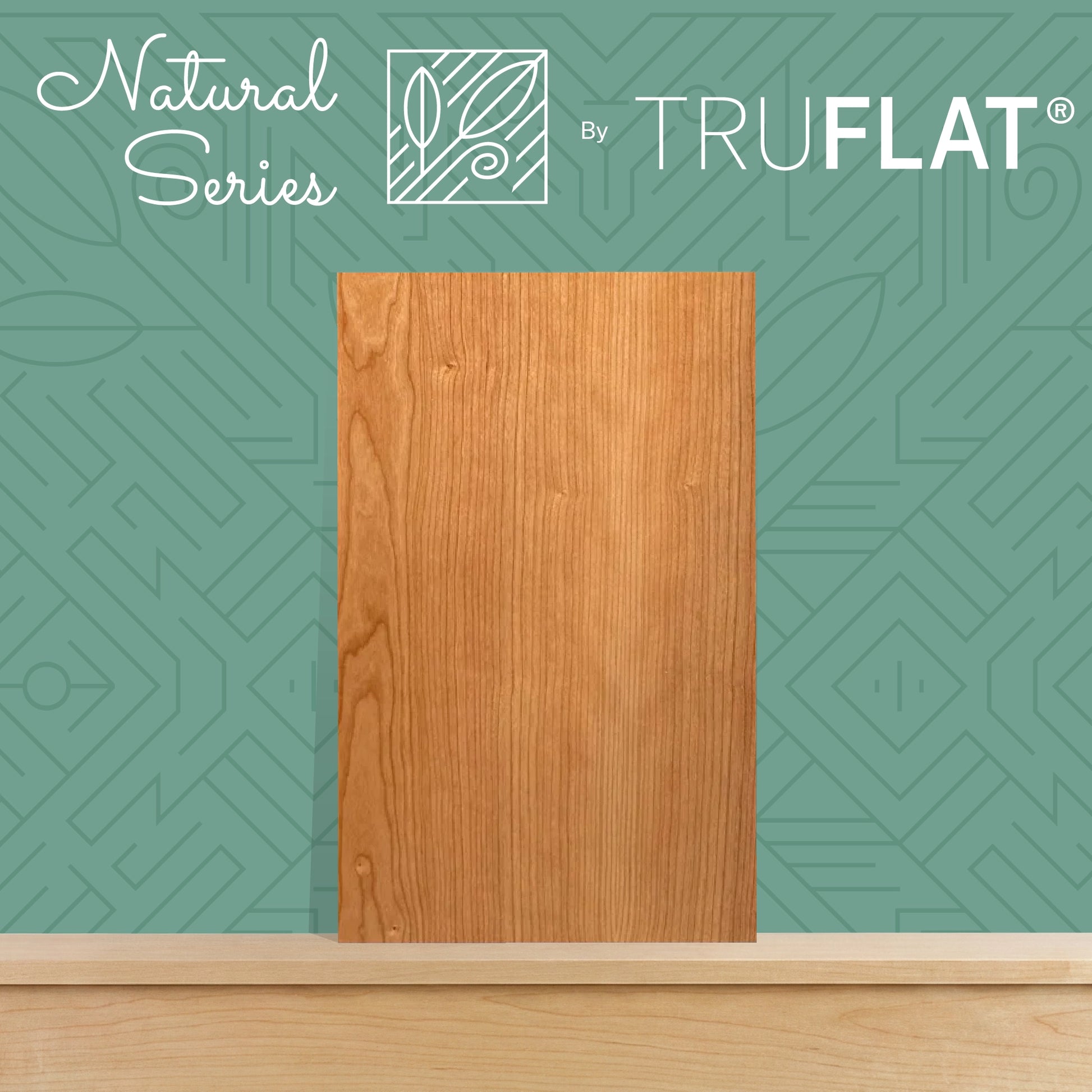 Wooden panel with 'Natural Series by TruFlat' branding on a green geometric patterned background
