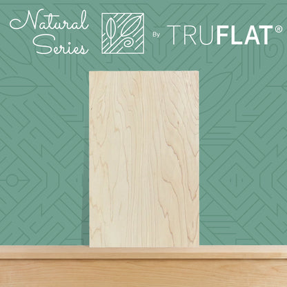 Wooden panel with 'Natural Series by TruFlat' branding on a green geometric patterned background
