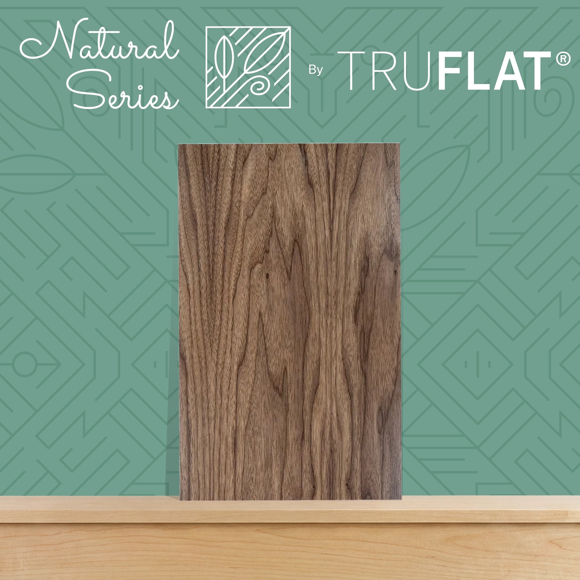Wooden panel with 'Natural Series by TruFlat' branding on a green geometric patterned background