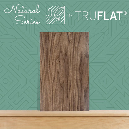 Wooden panel with 'Natural Series by TruFlat' branding on a green geometric patterned background