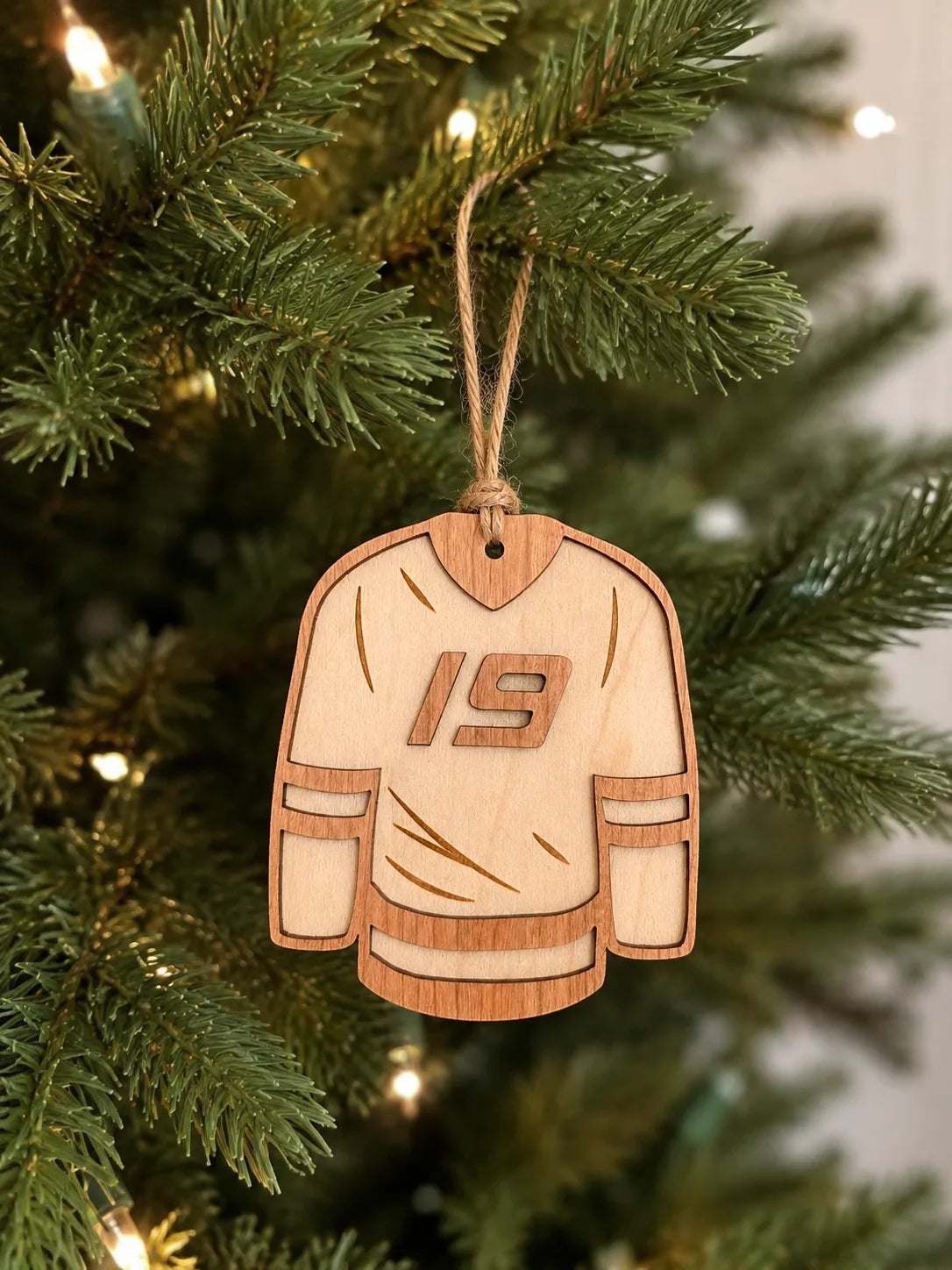 Layered wooden hockey jersey ornament