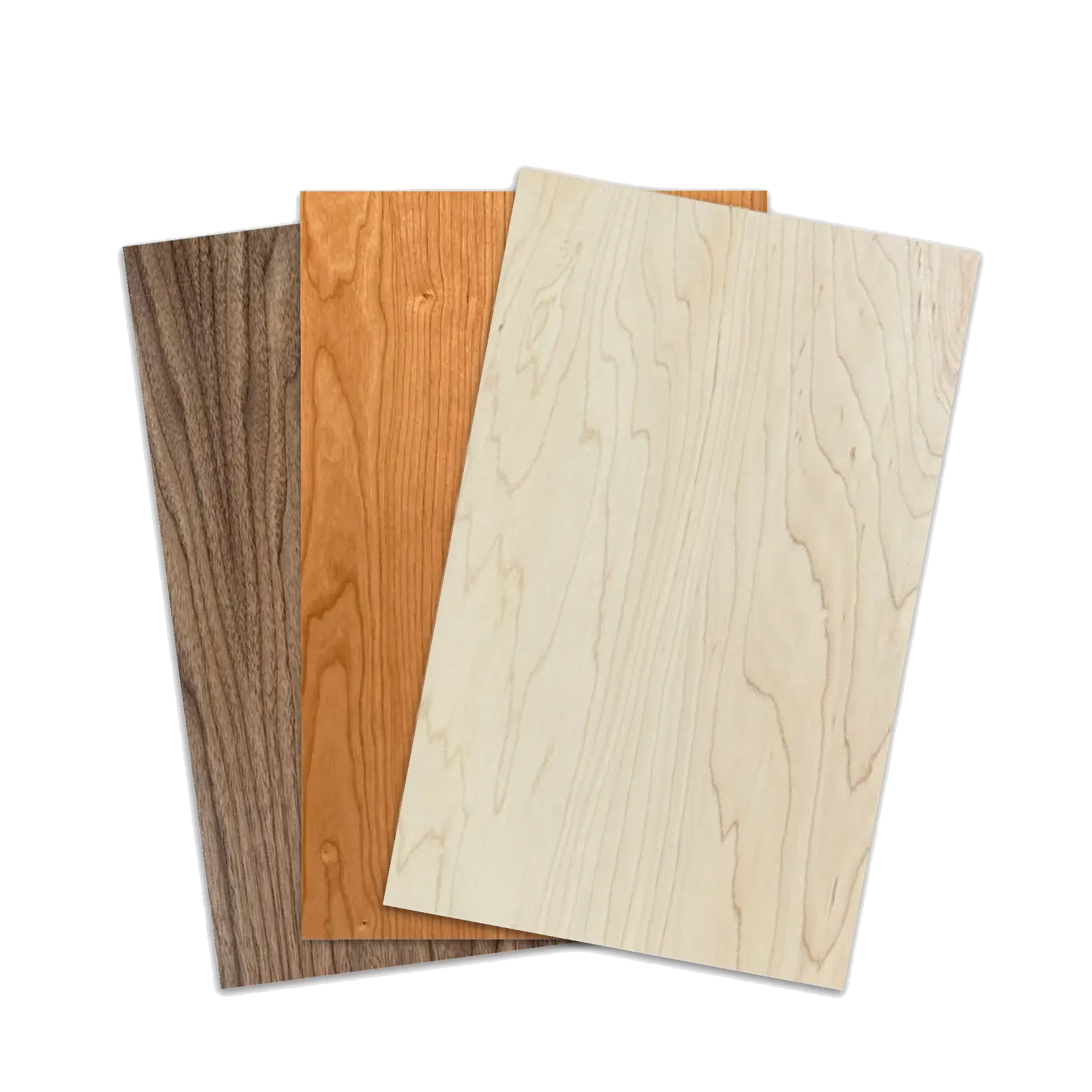 Walnut, Cherry and Maple TruFlat® Natural Series sheets fanned out